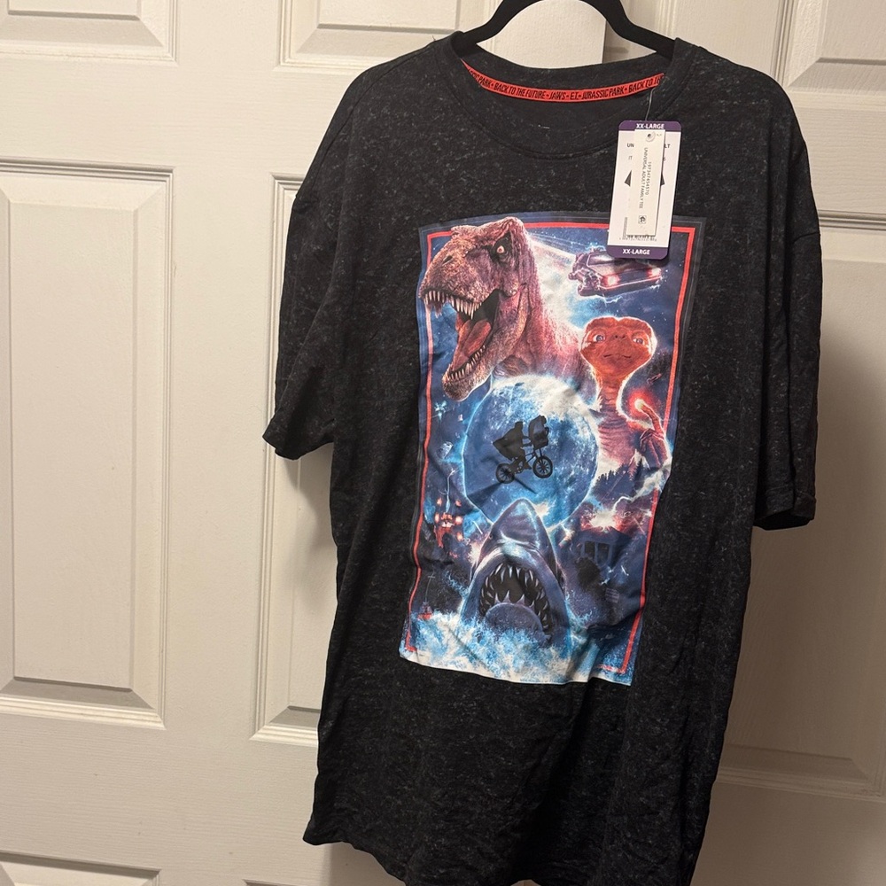 Universal Black Short Sleeve Tee with Neon Dinosaur, Shark & Space Graphic